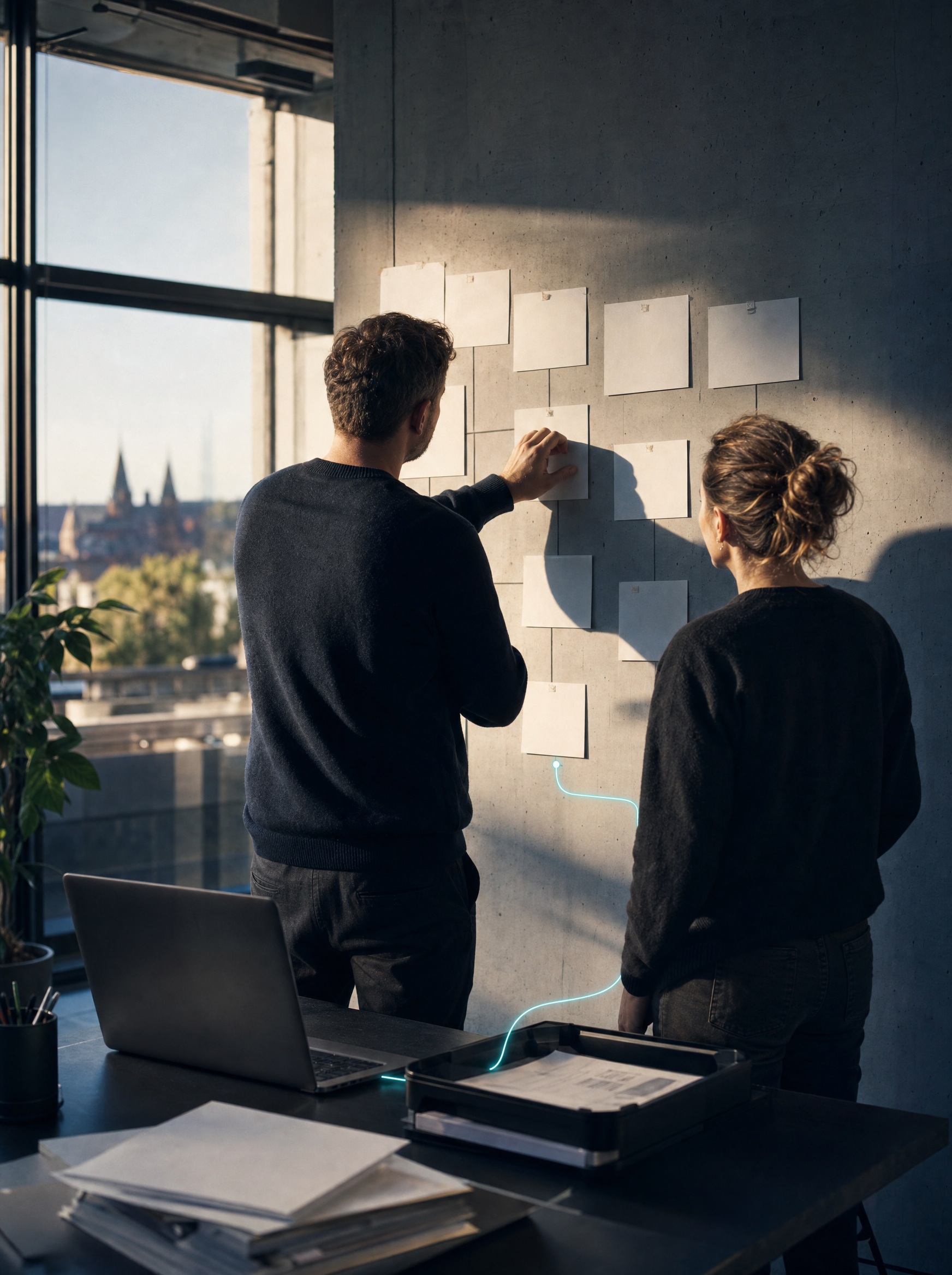 Team bespricht einen Geschäftsprozess an einer Arbeitswand