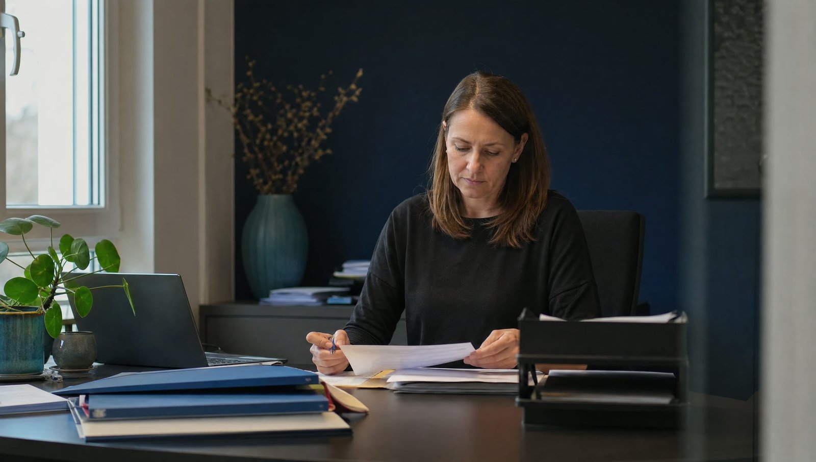 Symbolische Arbeitsszene: Eine Mitarbeiterin ordnet E-Mail- und Dokumentenanfragen im Büro