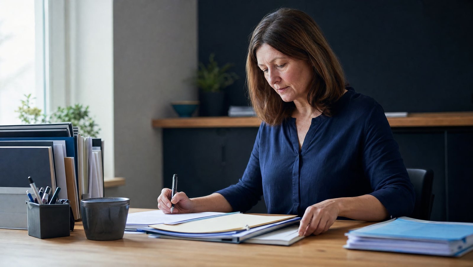 Symbolische Arbeitsszene: Eine Mitarbeiterin koordiniert Dokumente und wiederkehrende Büroaufgaben
